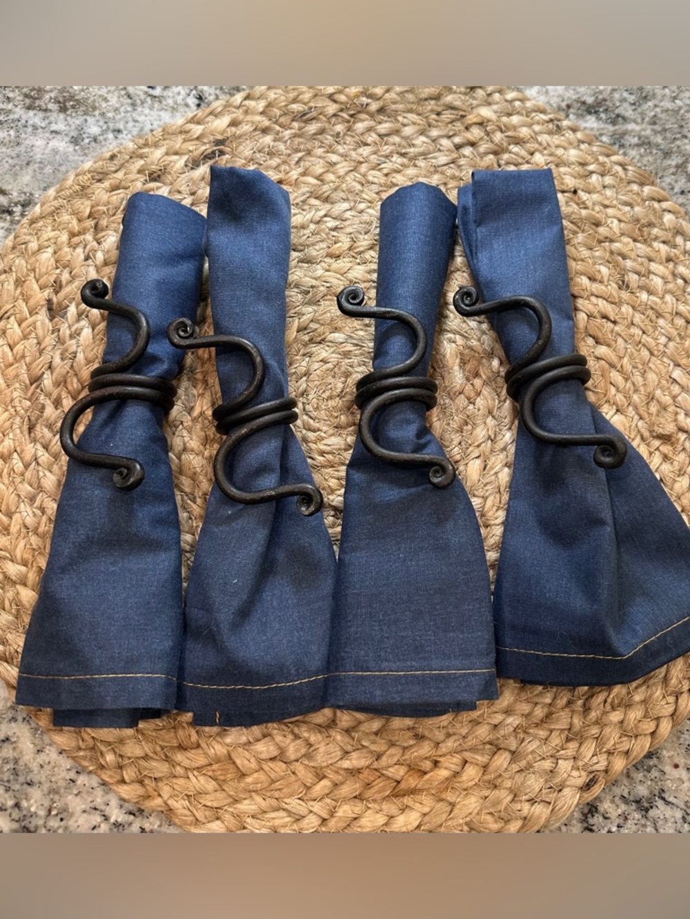 Set of 4 Navy Denim Blue Cloth Napkins with Black Iron Swirl Napkin Rings
